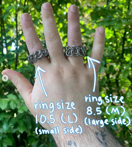 reversible stainless steel rings, $14-24 each || all sizes listed are us ring size (& they fit differently depending on which side is facing out! so each one fits 2 different sizes). can make larger ones too, just lmk! xl: 13.5-14.5 | l: 10.5-11.5 | m: 7.5