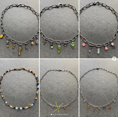 beaded star 17” (cannot be shortened)- $38-48 | bottom middle/right 17.5” - $14-24 | yellow charm (stainless steel) SOLD | pink charm (stainless steel) 18” - $28-38 | green charm (stainless steel) 17.5” - $28-38